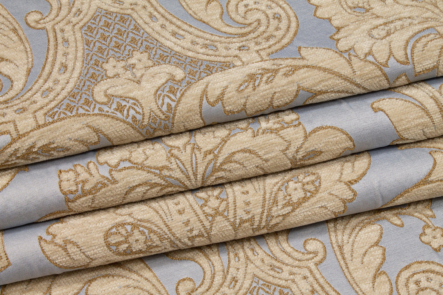 Damask Cut Velvet Upholstery - Blue and Gold - Prime Fabrics