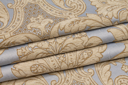 Damask Cut Velvet Upholstery - Blue and Gold - Prime Fabrics