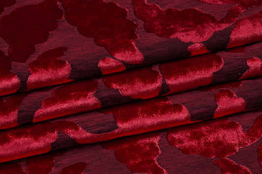 Leaf Cut Velvet Upholstery - Red - Prime Fabrics