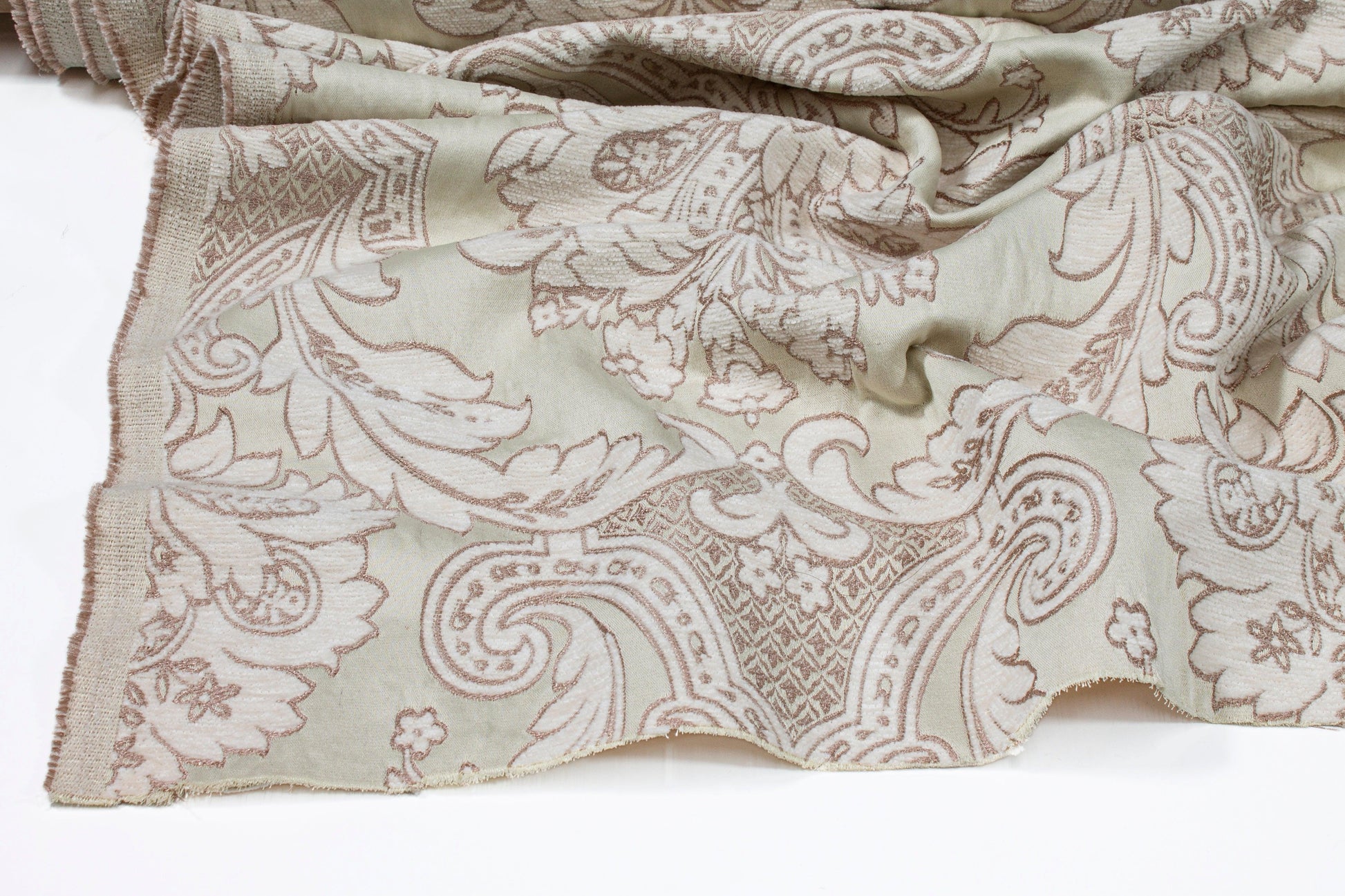 Damask Cut Velvet Upholstery - Green and Off White - Prime Fabrics