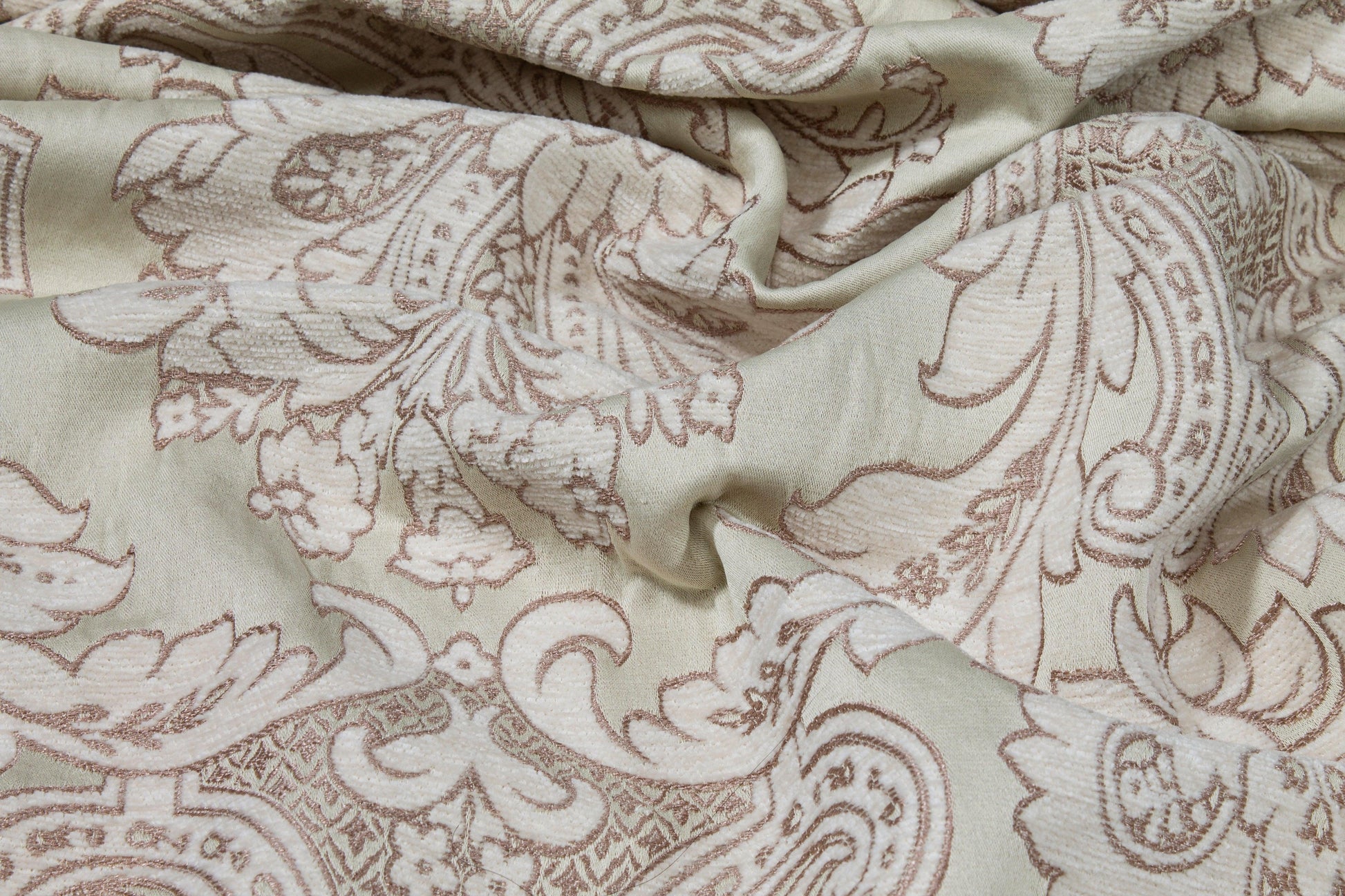 Damask Cut Velvet Upholstery - Green and Off White - Prime Fabrics
