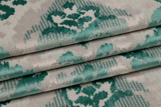 Damask Upholstery Velvet - Teal / Off White / Gray