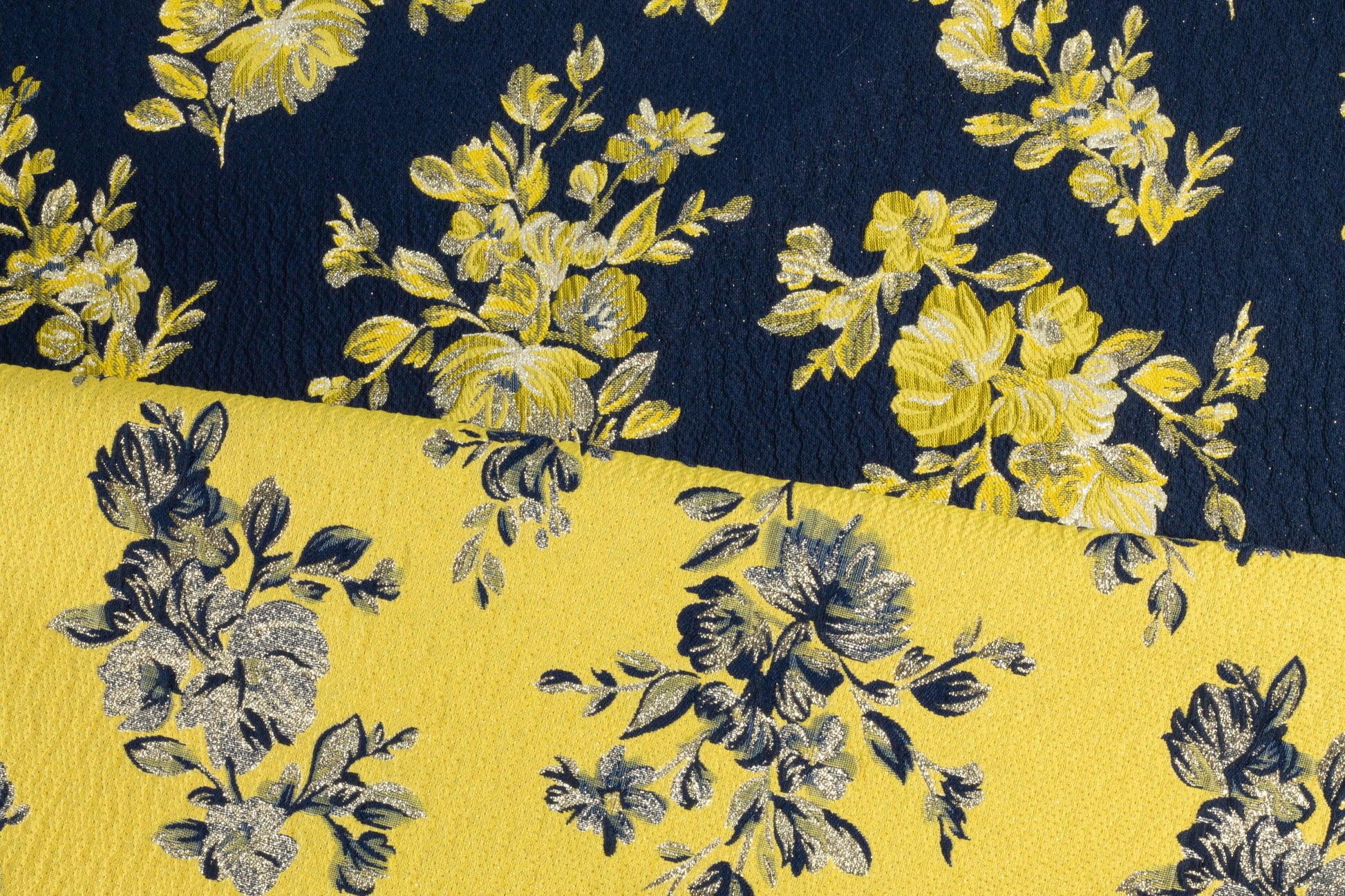 Navy Blue and Yellow Floral Double Faced Brocade - Prime Fabrics