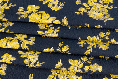 Navy Blue and Yellow Floral Double Faced Brocade - Prime Fabrics