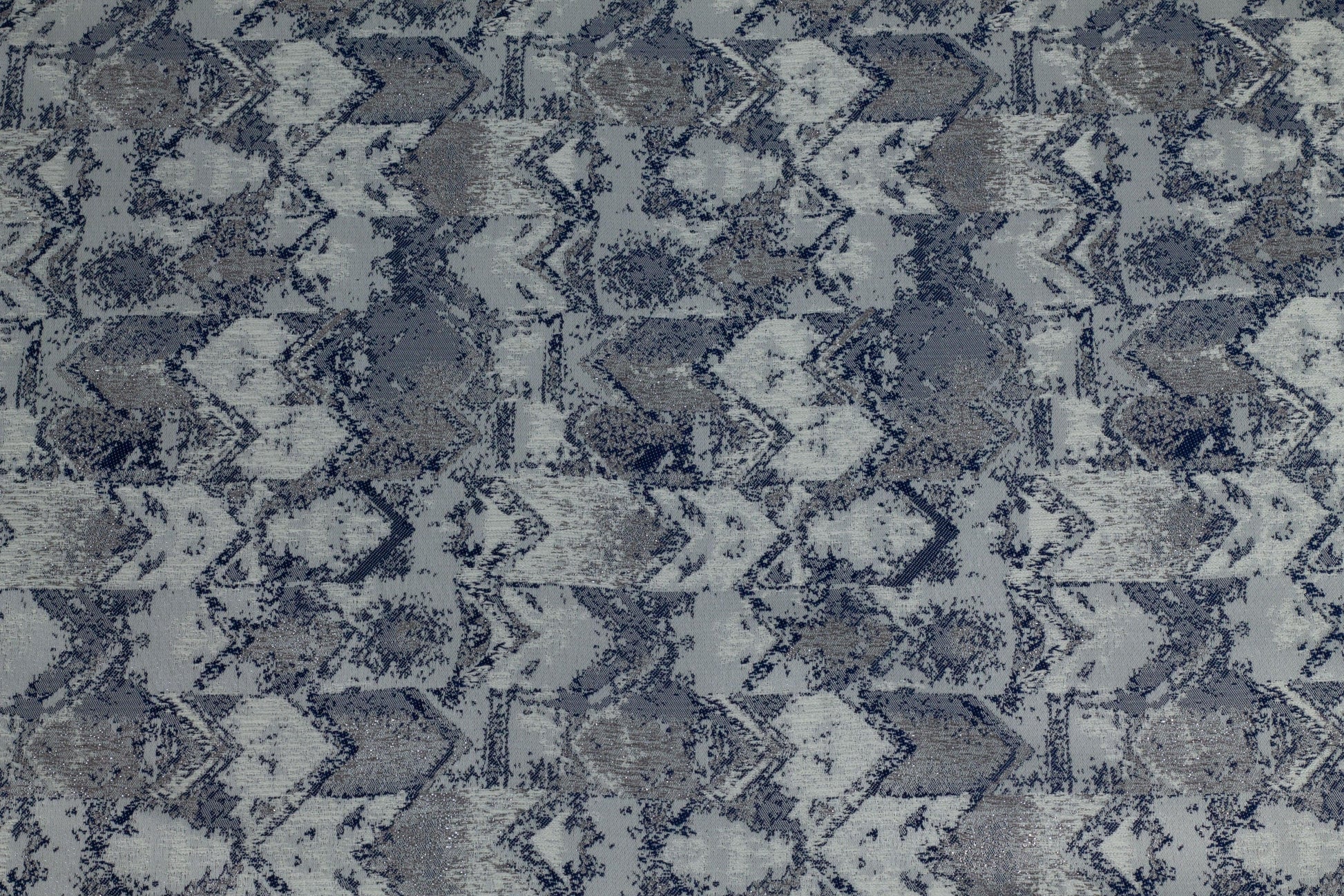 White, Navy and Metallic Silver Brocade - Prime Fabrics
