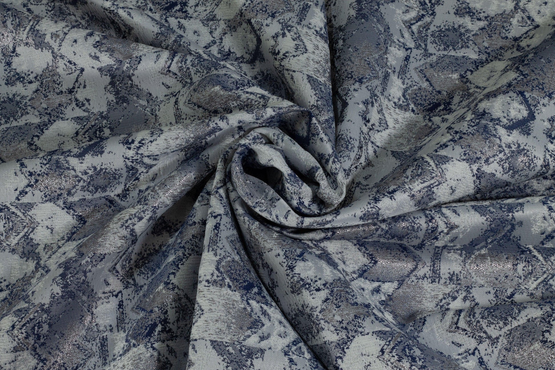 White, Navy and Metallic Silver Brocade - Prime Fabrics