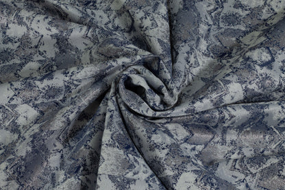 White, Navy and Metallic Silver Brocade - Prime Fabrics