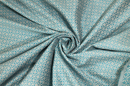 Turquoise Blue and Off-White Abstract Brocade - Prime Fabrics