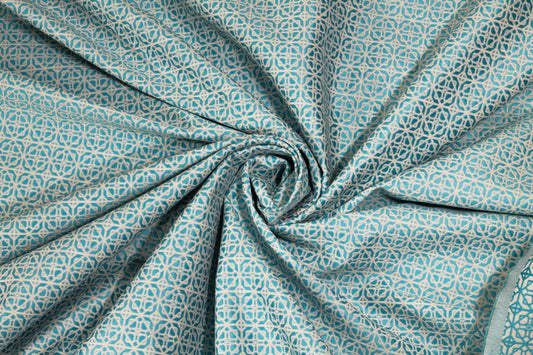 Turquoise Blue and Off-White Abstract Brocade - Prime Fabrics