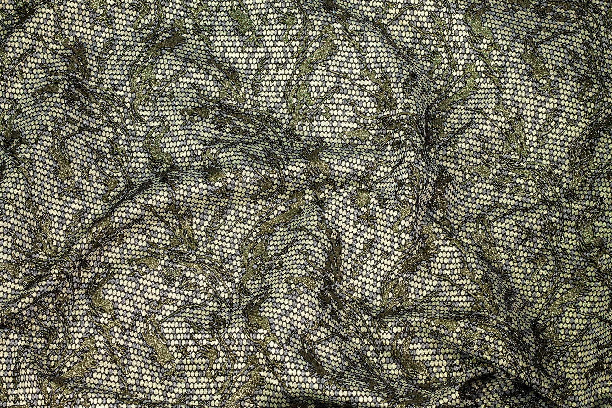 Gray and Champagne Gold Dots with Metallic Olive Branches Brocade - Prime Fabrics