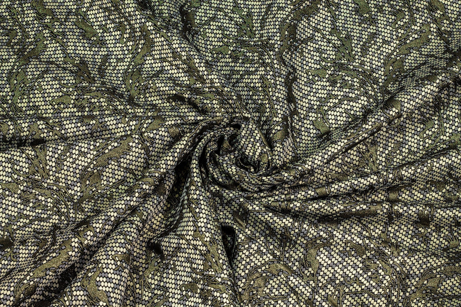 Gray and Champagne Gold Dots with Metallic Olive Branches Brocade - Prime Fabrics