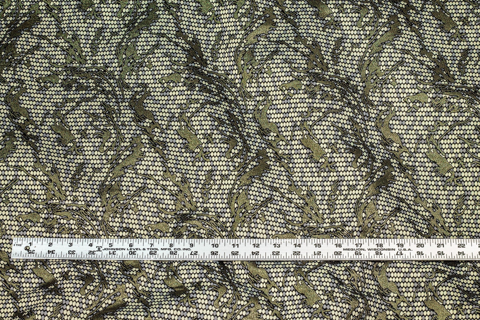Gray and Champagne Gold Dots with Metallic Olive Branches Brocade - Prime Fabrics