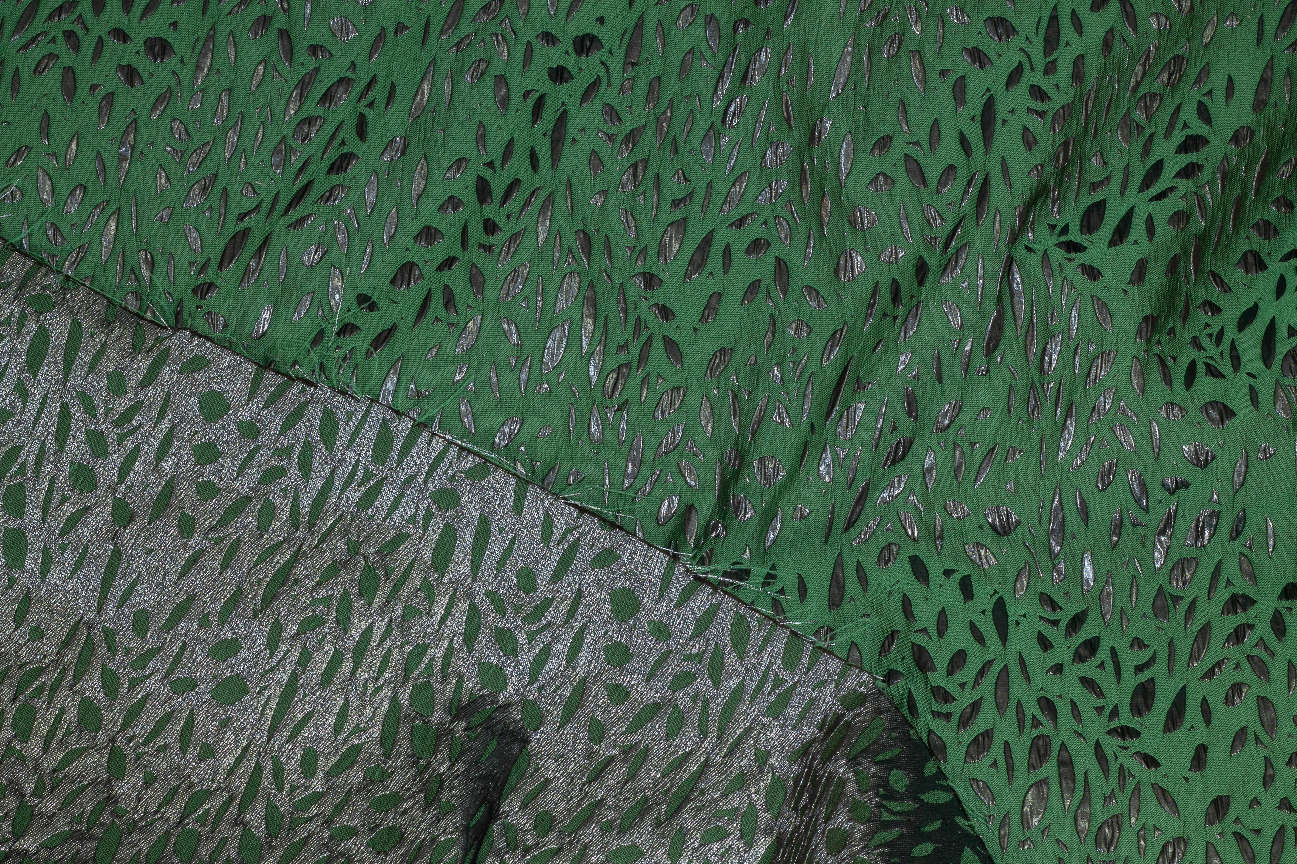 Green and Metallic Gray Crushed Italian Brocade - Prime Fabrics