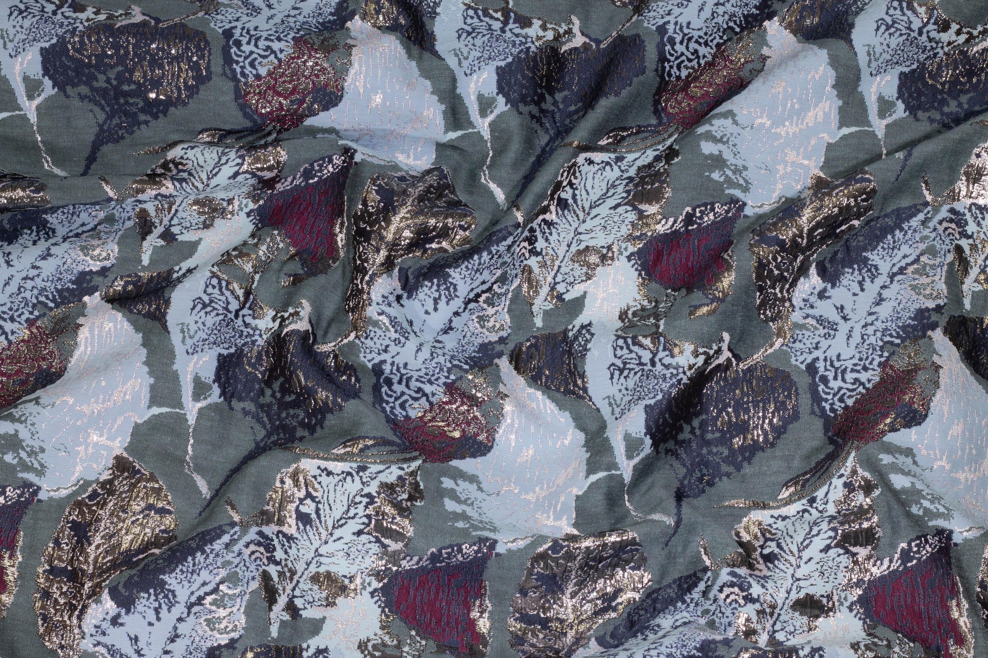 Blue, Gray, and Burgundy Abstract Metallic Brocade - Prime Fabrics