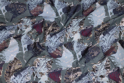 Blue, Gray, and Burgundy Abstract Metallic Brocade - Prime Fabrics