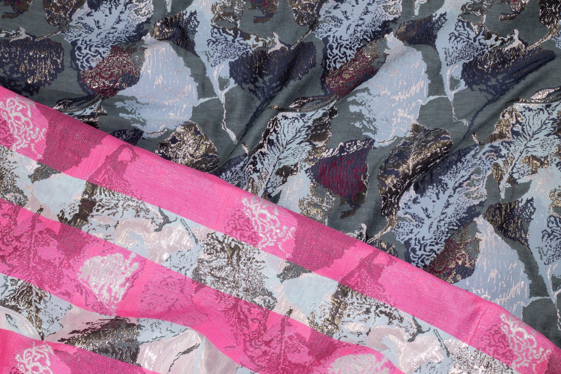Blue, Gray, and Burgundy Abstract Metallic Brocade - Prime Fabrics