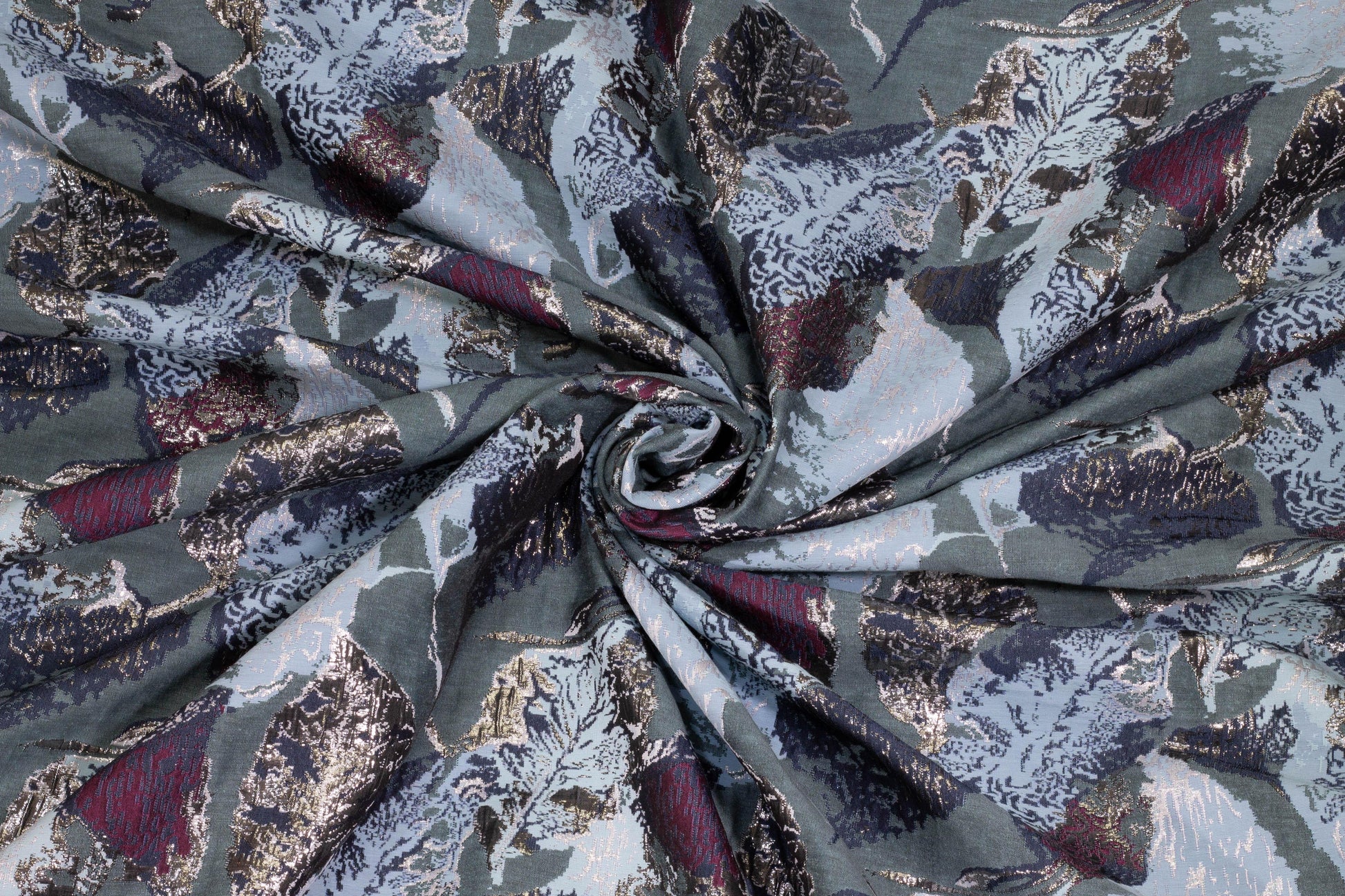 Blue, Gray, and Burgundy Abstract Metallic Brocade - Prime Fabrics