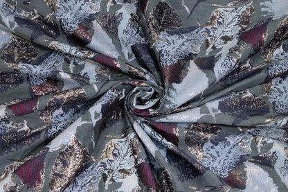 Blue, Gray, and Burgundy Abstract Metallic Brocade - Prime Fabrics