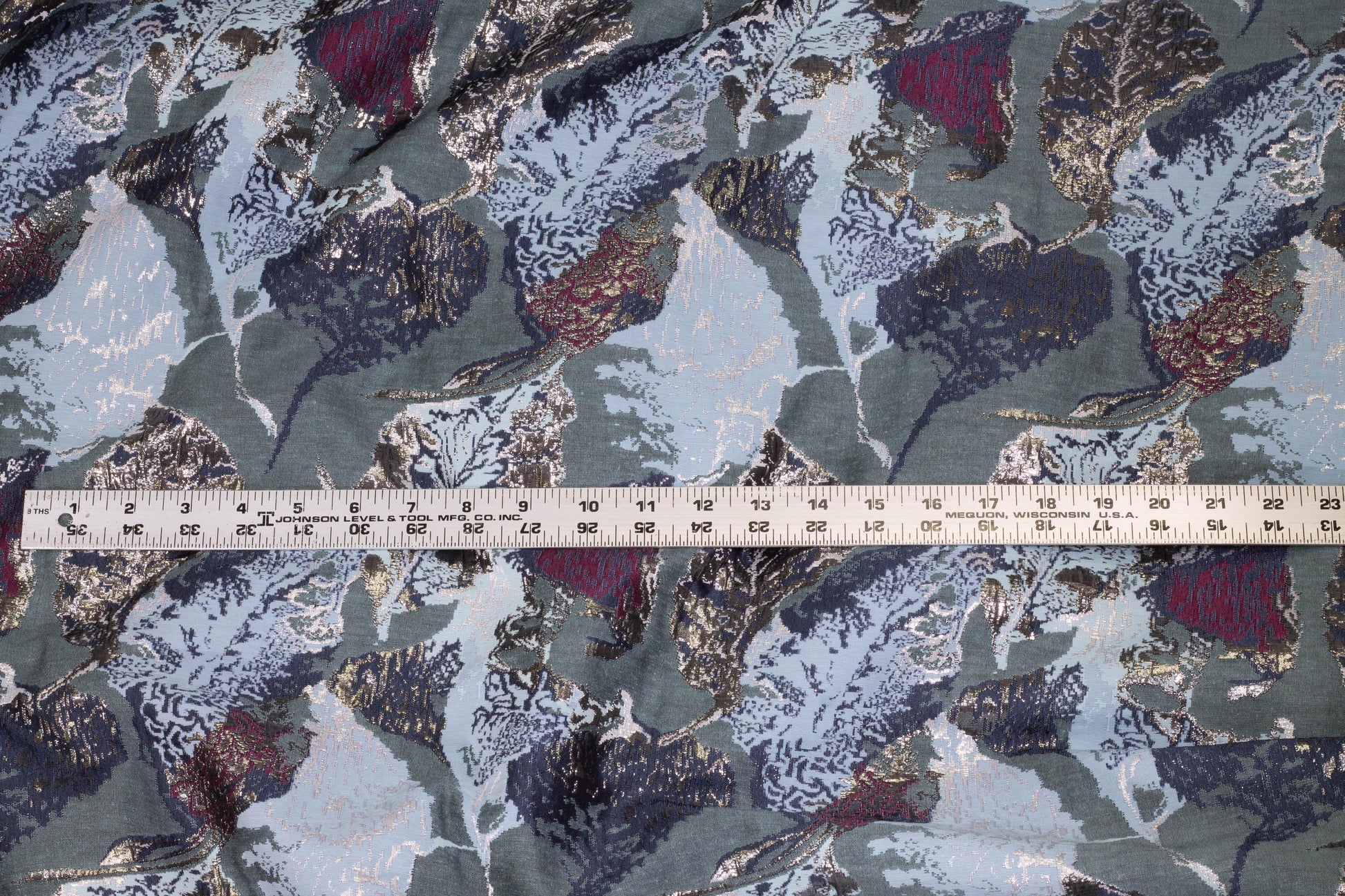 Blue, Gray, and Burgundy Abstract Metallic Brocade - Prime Fabrics