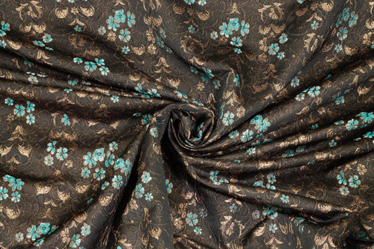 Turquoise and Bronze French Metallic Floral Brocade - Prime Fabrics