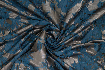 Charcoal and Blue Floral Metallic Brocade - Prime Fabrics