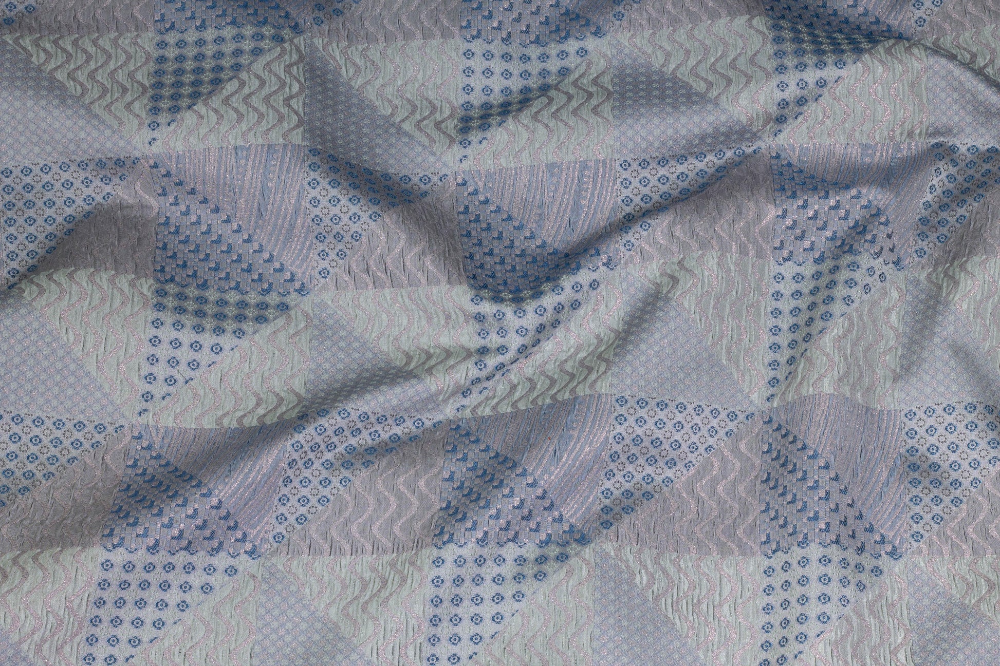 Blue, Gray and Green Crushed Metallic Italian Jacquard - Prime Fabrics