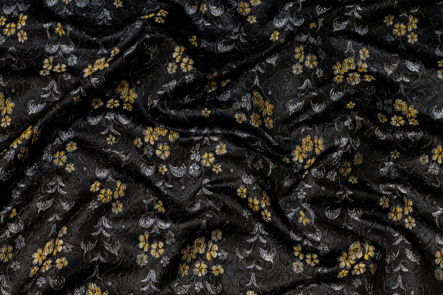 Black, Silver and Yellow French Metallic Floral Brocade - Prime Fabrics
