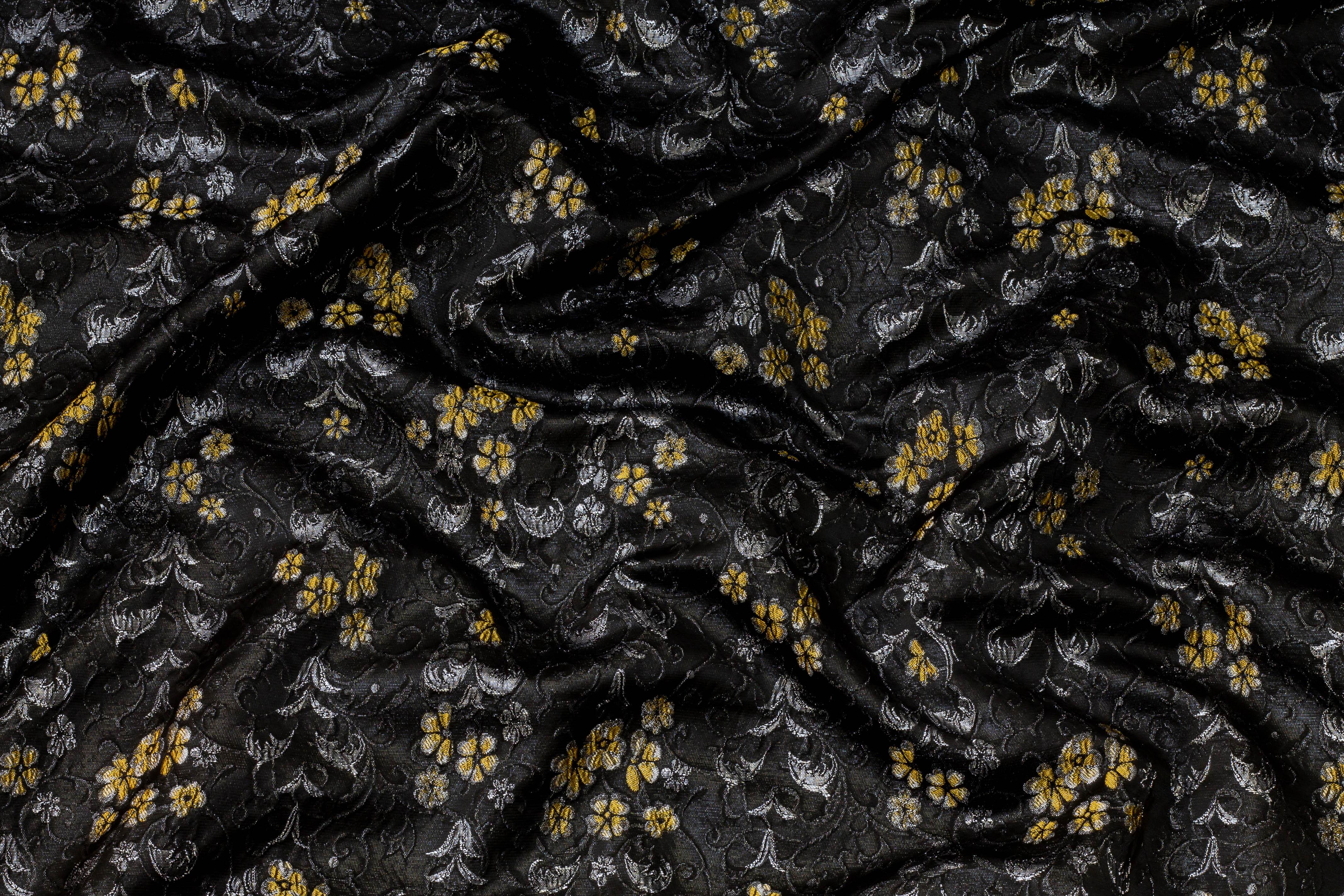 Black, Silver and Yellow French Metallic Floral Brocade - Prime Fabrics