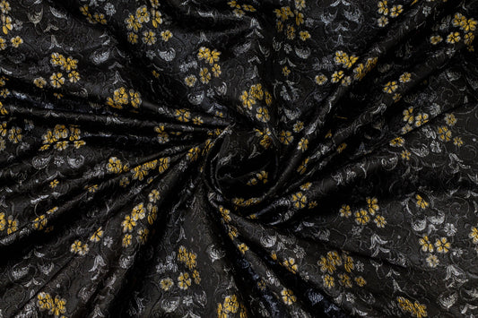 Black, Silver and Yellow French Metallic Floral Brocade - Prime Fabrics