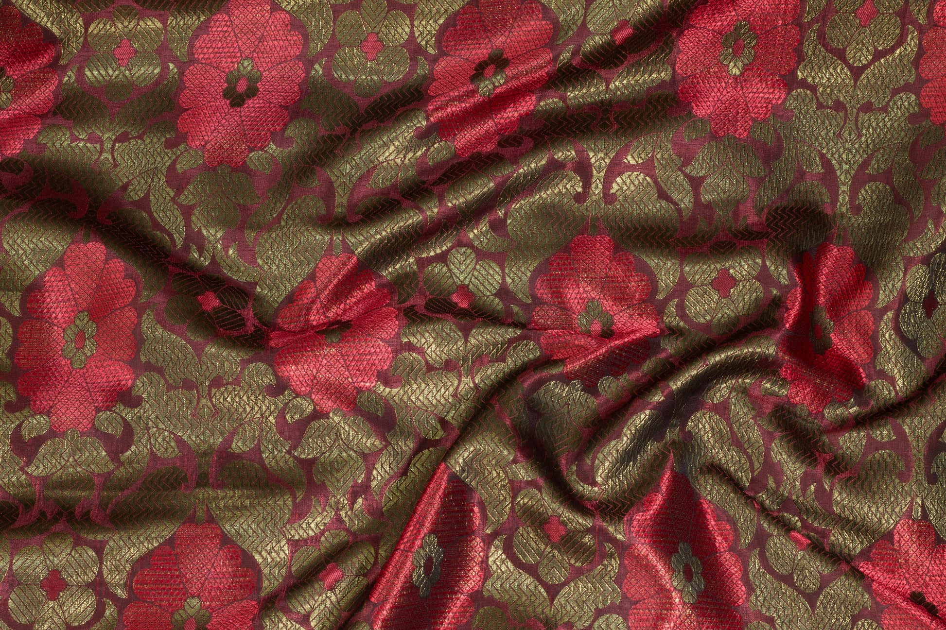 Red and Bronze Metallic Floral Brocade - Prime Fabrics