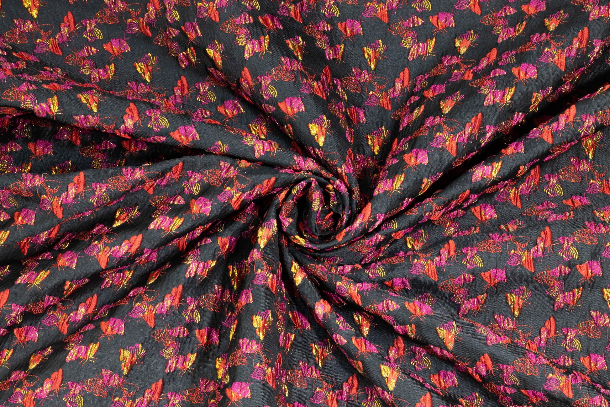 Magenta, Red, and Black Butterfly Metallic Brocade - Prime Fabrics