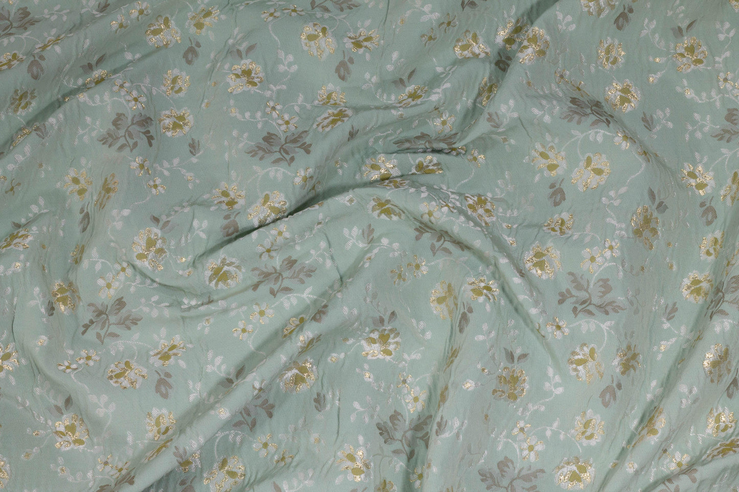 Tea Green Metallic Gold Floral Crushed French Brocade - Prime Fabrics