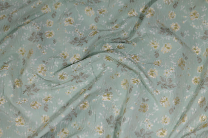 Tea Green Metallic Gold Floral Crushed French Brocade - Prime Fabrics