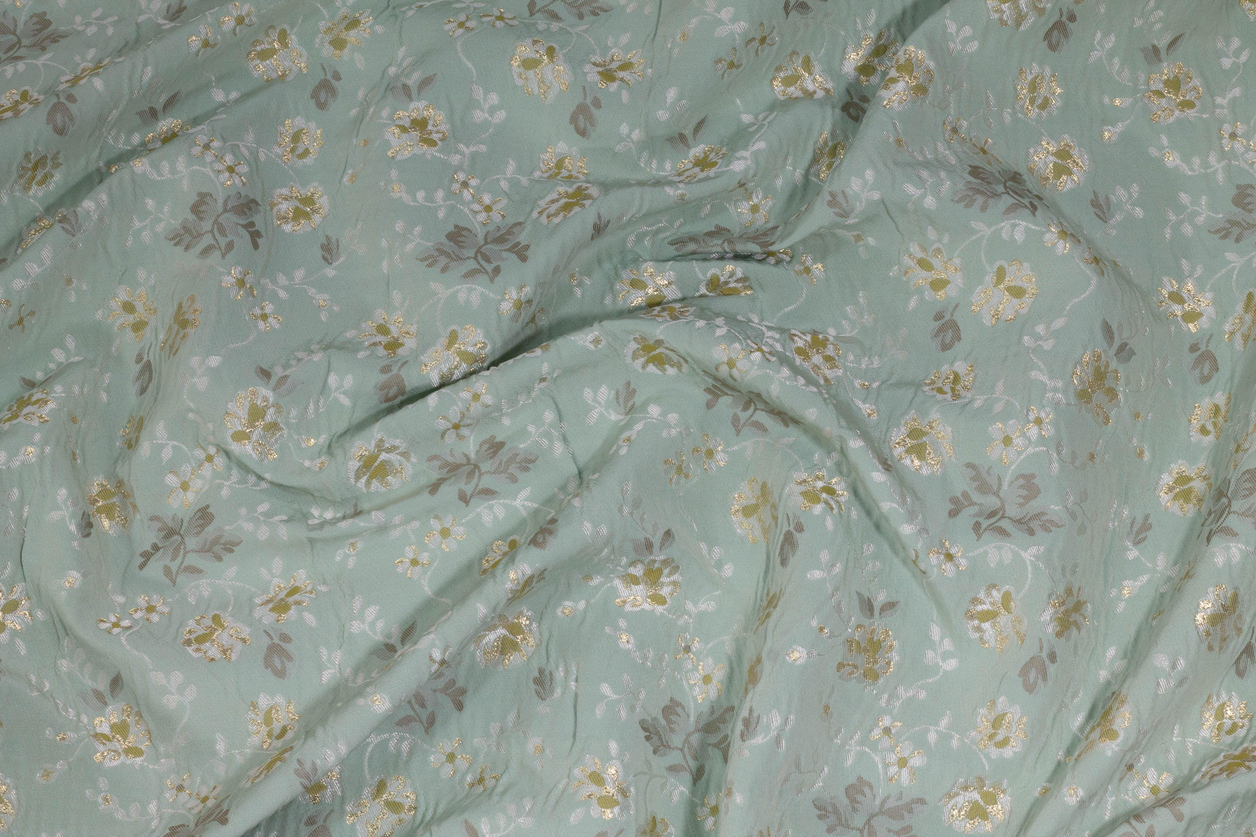 Tea Green Metallic Gold Floral Crushed French Brocade - Prime Fabrics