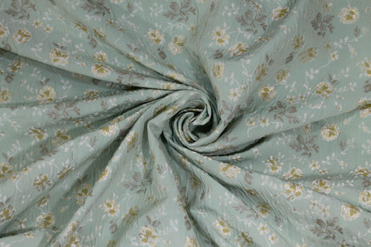 Tea Green Metallic Gold Floral Crushed French Brocade - Prime Fabrics