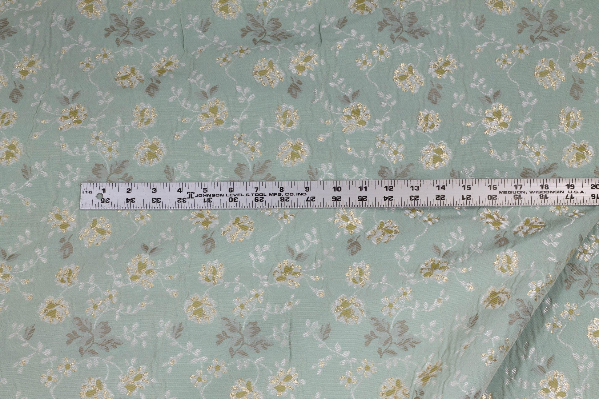 Tea Green Metallic Gold Floral Crushed French Brocade - Prime Fabrics