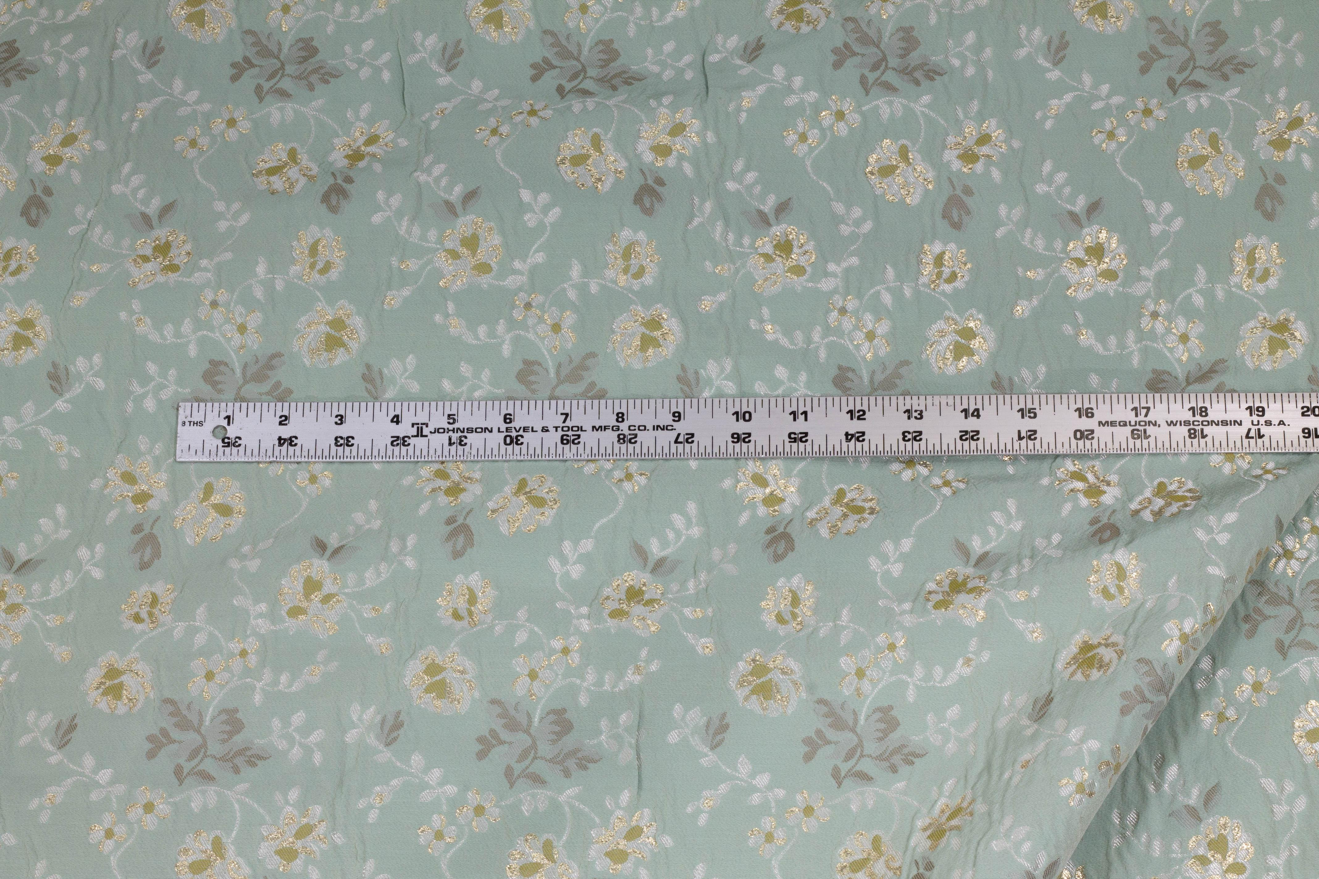 Tea Green Metallic Gold Floral Crushed French Brocade - Prime Fabrics