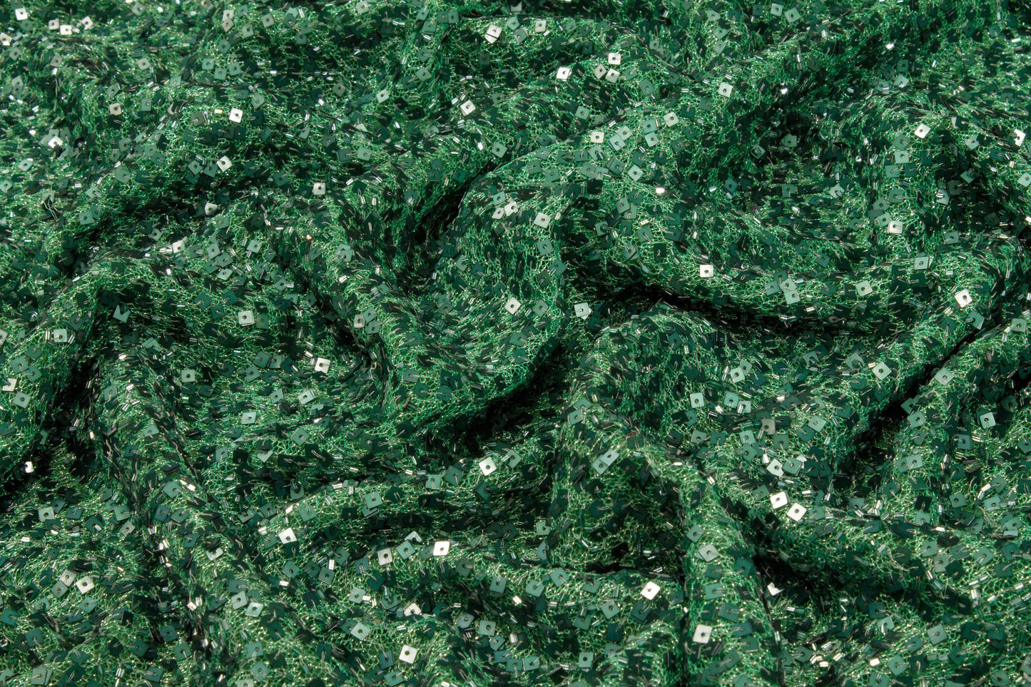 Hand Beaded and Sequined Metallic Mesh - Hunter Green - Prime Fabrics