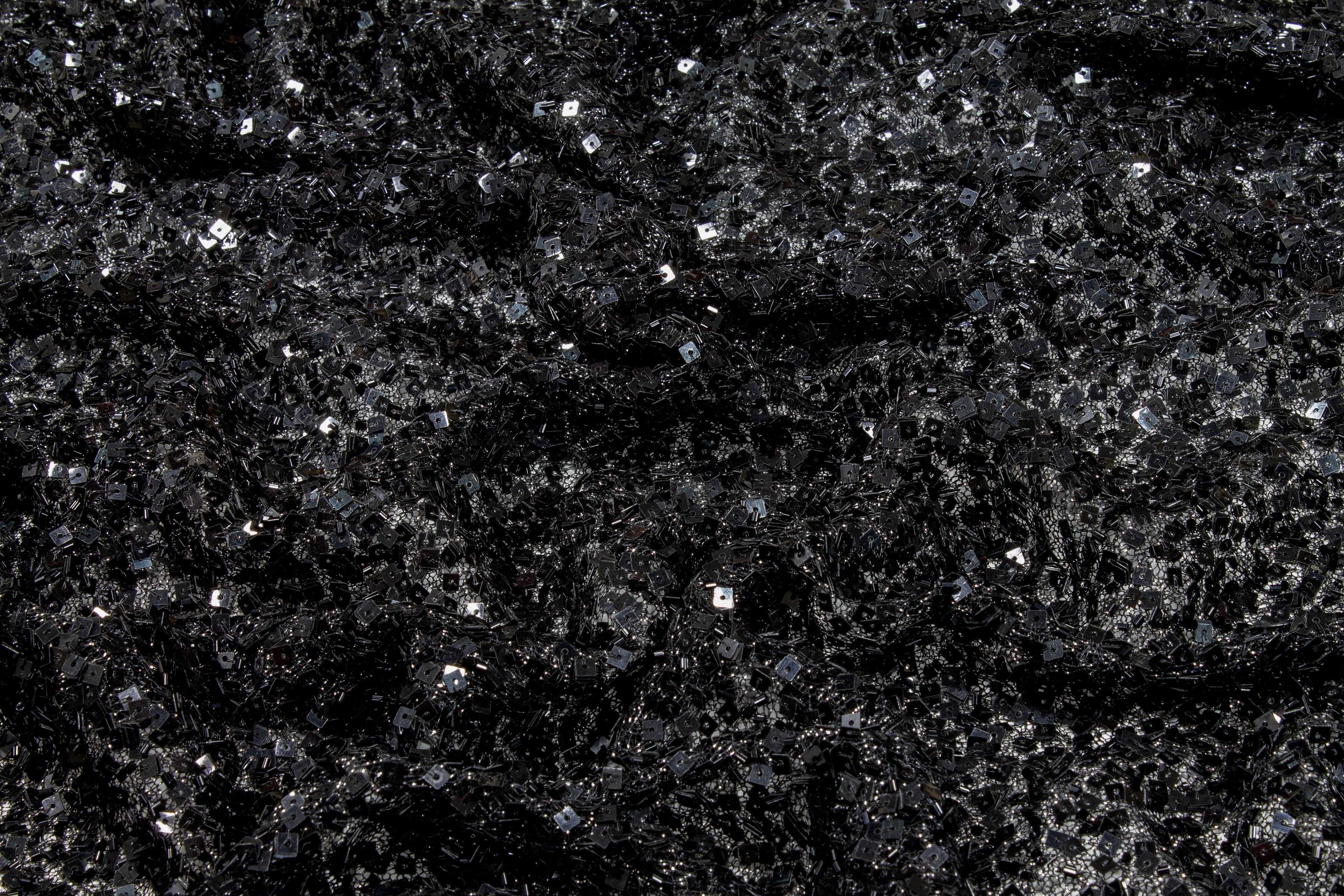 Hand Beaded and Sequined Metallic Mesh - Black - Prime Fabrics