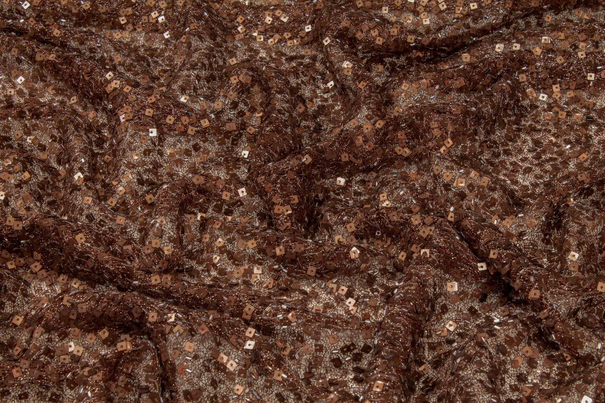 Hand Beaded and Sequined Metallic Mesh - Brown - Prime Fabrics