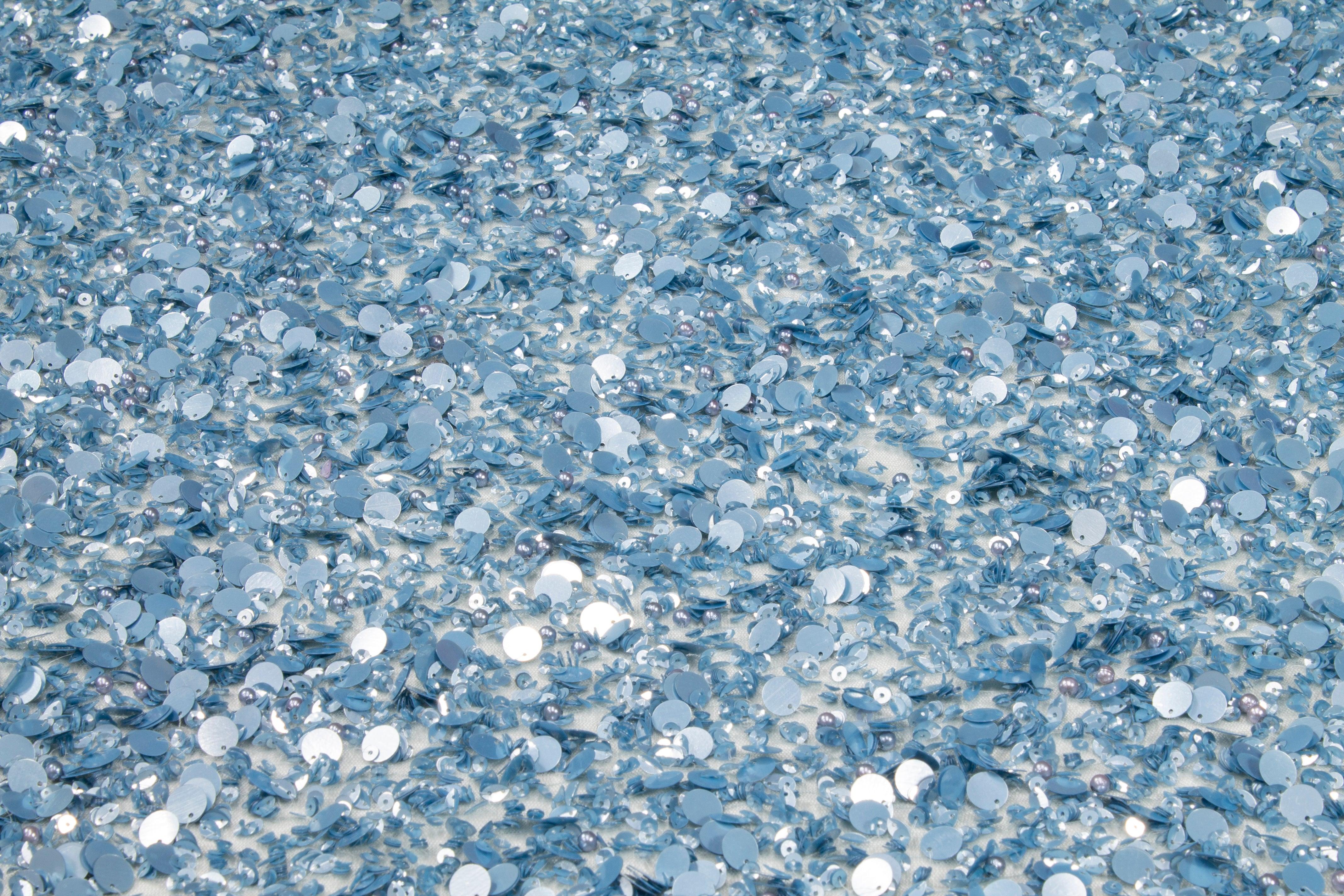 Hand Sequined and Beaded Mesh - Baby Blue - Prime Fabrics