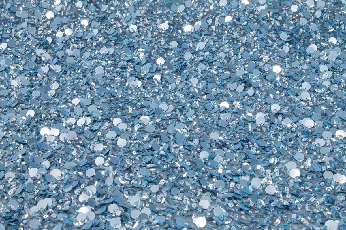 Hand Sequined and Beaded Mesh - Baby Blue