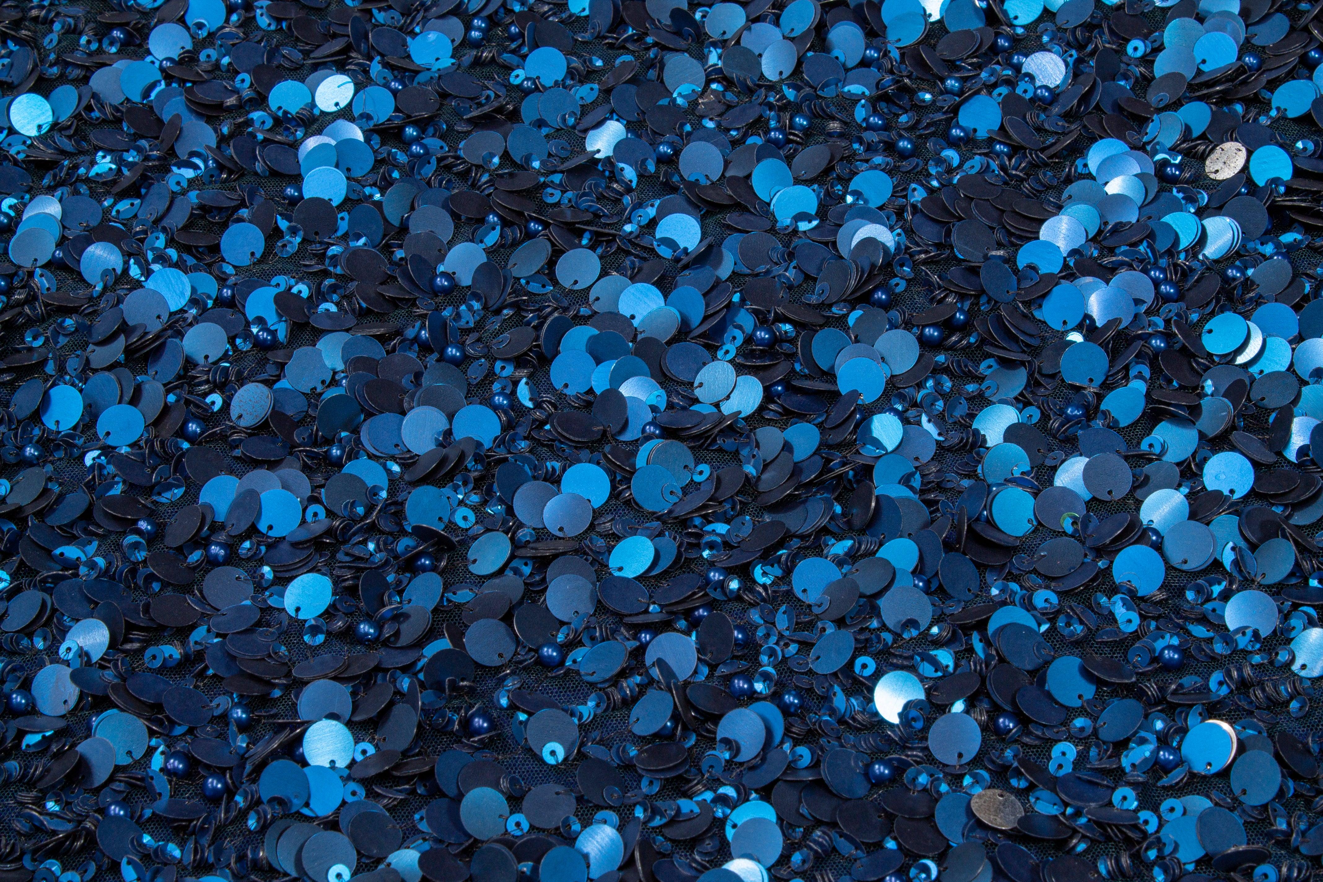 Hand Sequined and Beaded Mesh - Midnight Blue - Prime Fabrics