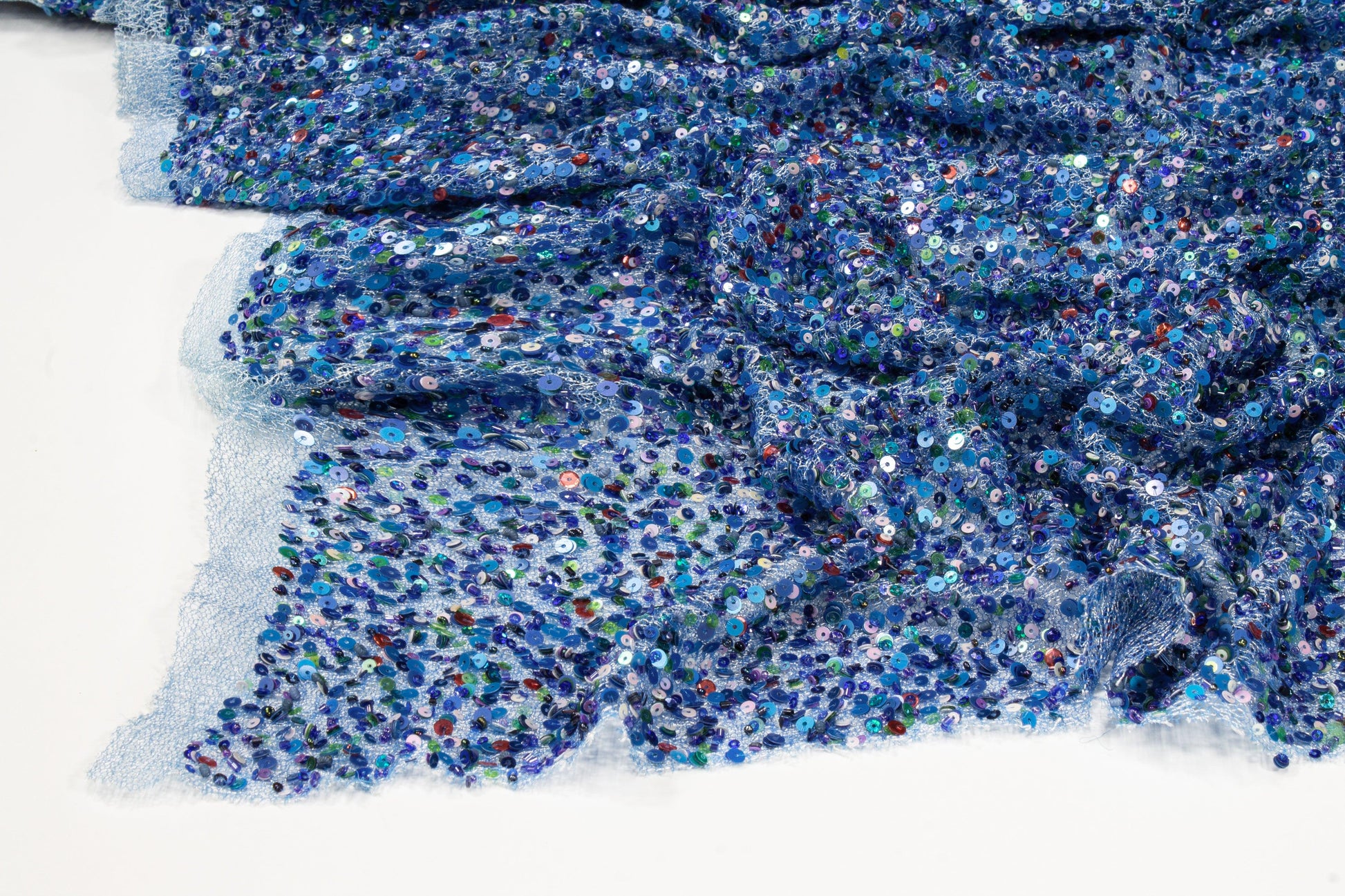 Hand Sequined Metallic Mesh - Blue Multicolor - Prime Fabrics