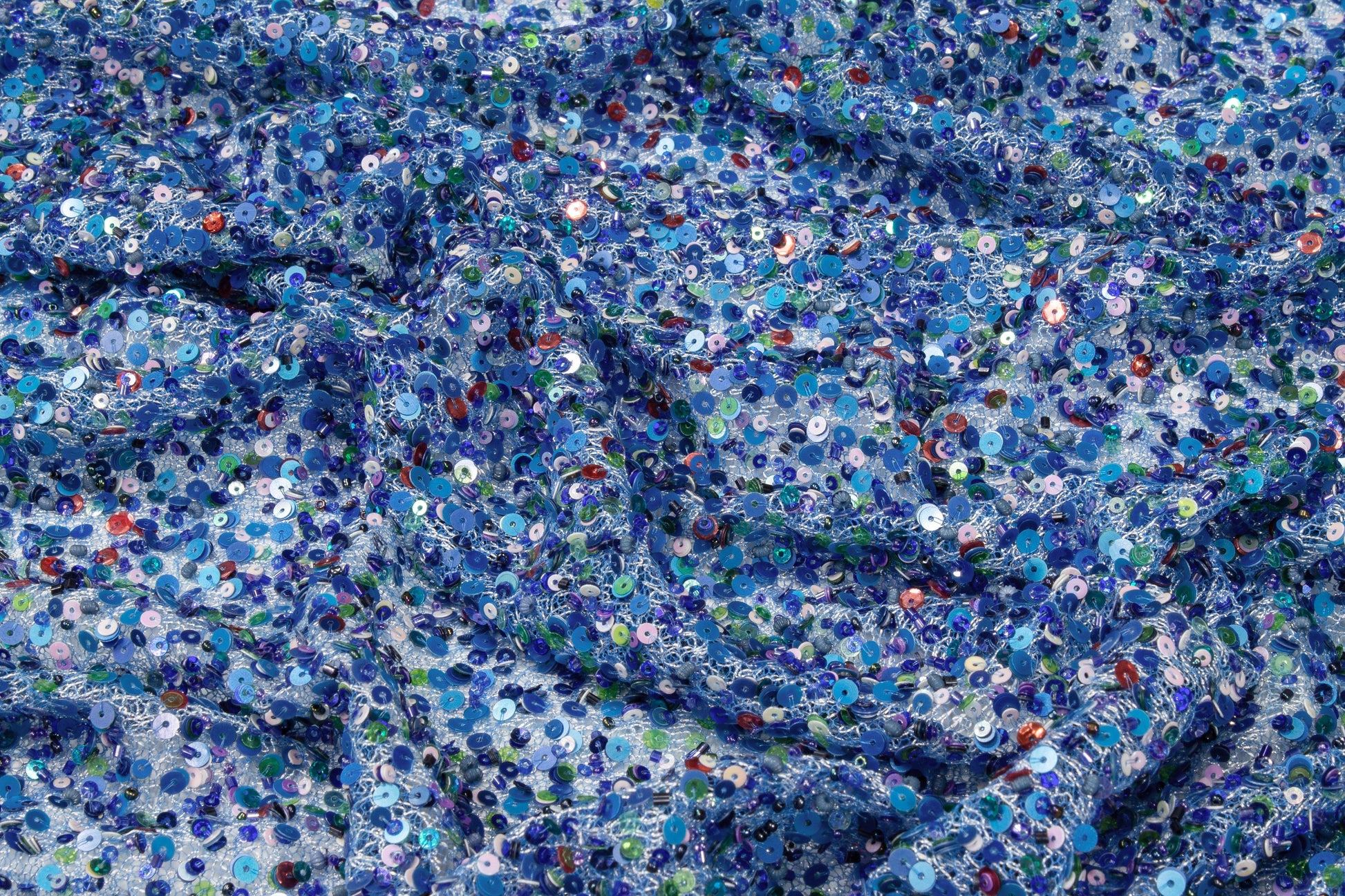 Hand Sequined Metallic Mesh - Blue Multicolor - Prime Fabrics