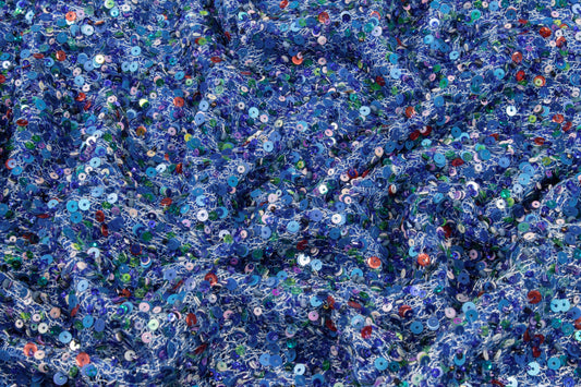 Hand Sequined Metallic Mesh - Blue Multicolor - Prime Fabrics