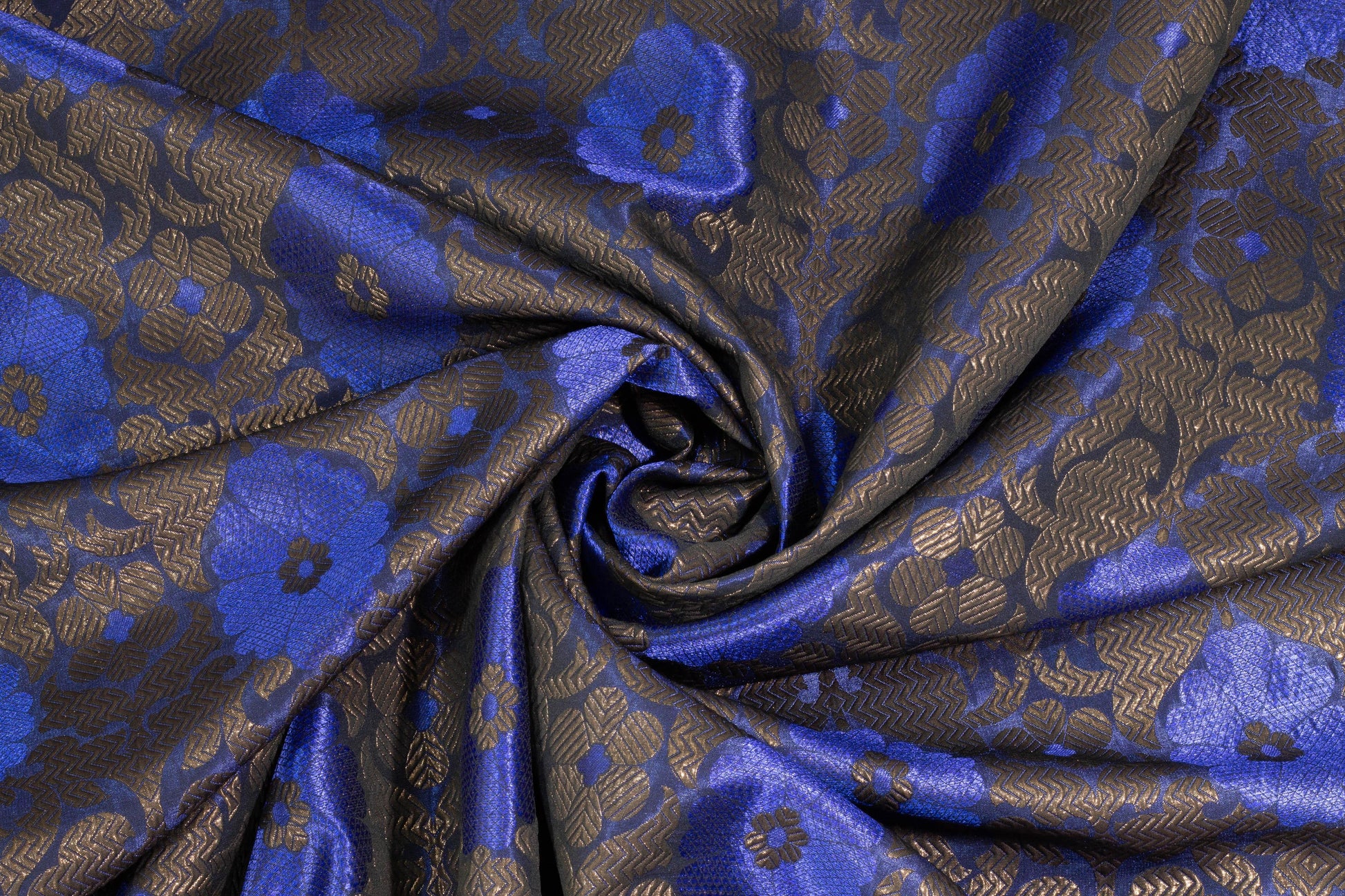 Copper and Royal Blue Metallic Floral Brocade - Prime Fabrics