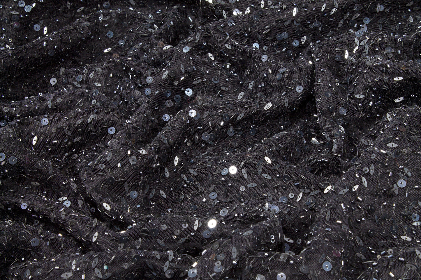 Hand Sequined and Beaded Mesh - Black - Prime Fabrics