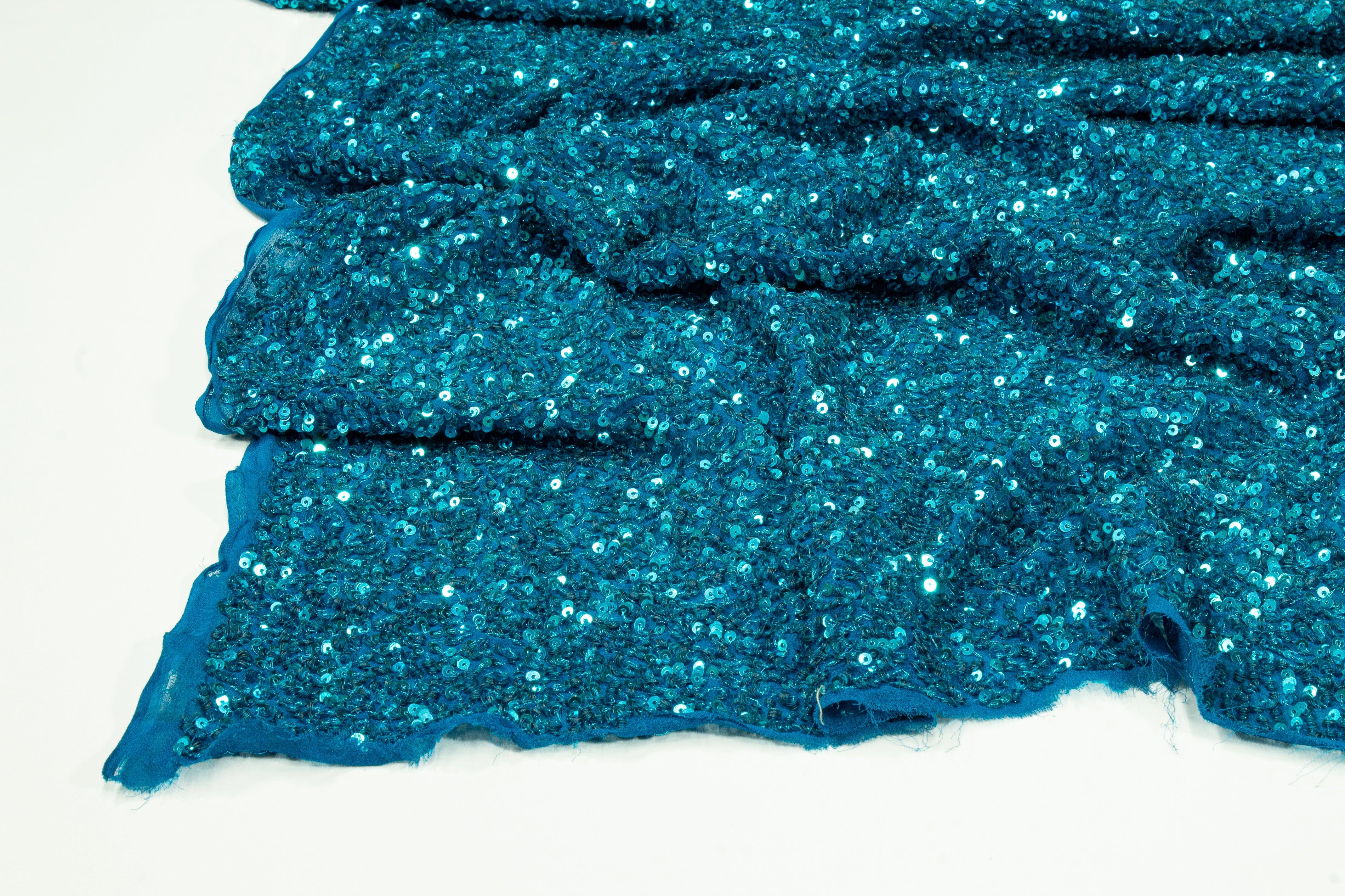 Hand Sequined Rayon Georgette - Turquoise - Prime Fabrics