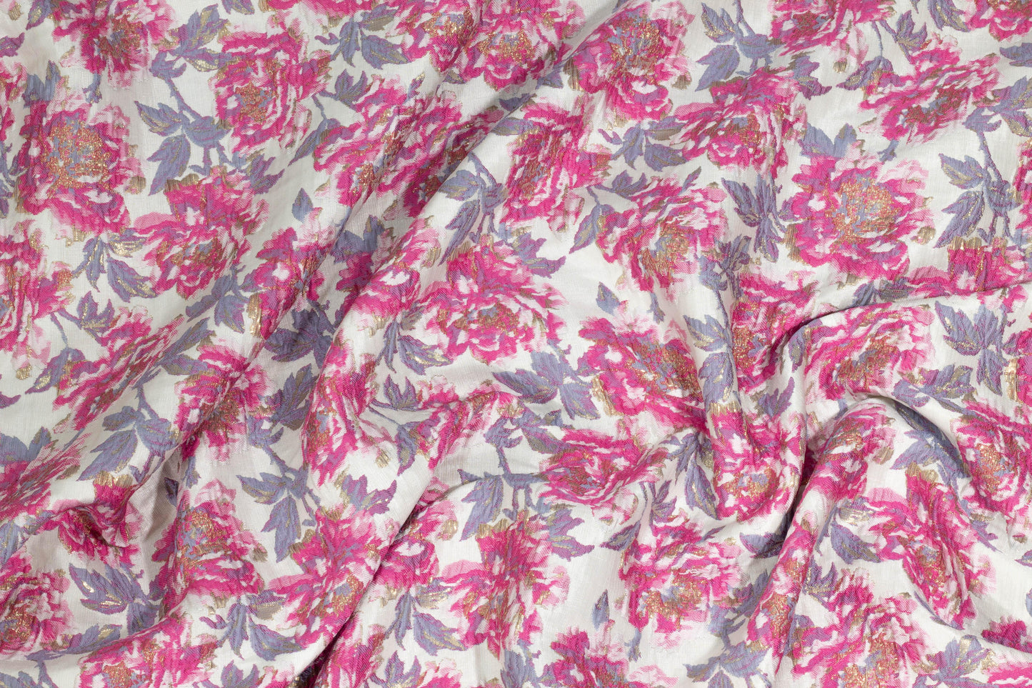 Hot Pink, Lavender, and Off-White Metallic Floral Brocade - Prime Fabrics